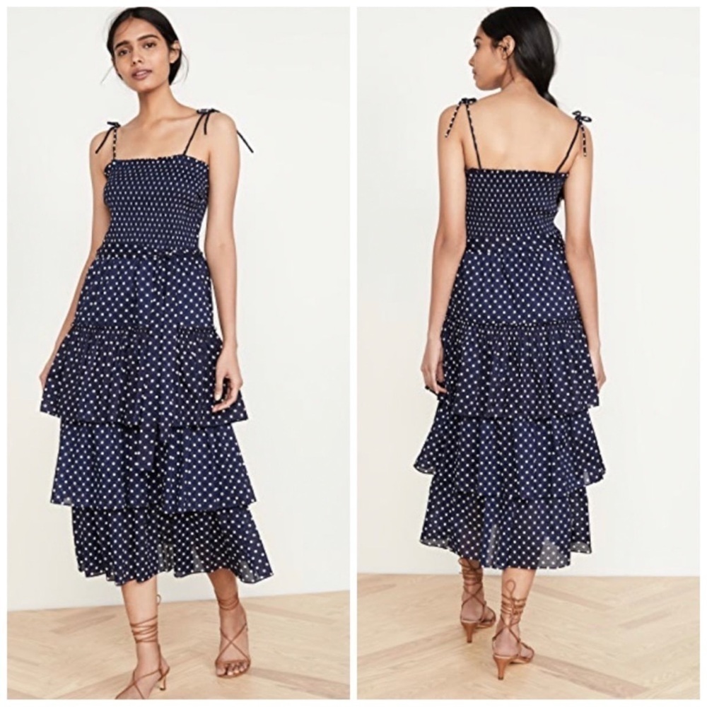 Tory Burch Smocked Polka Dot Tiered Midi Dress Medium